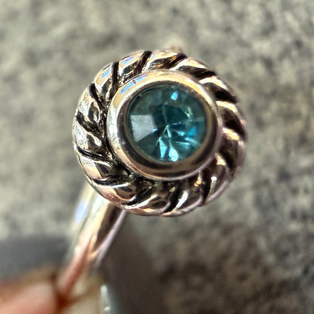 Silver Teal Blue Crystal Rope Bezel Ring Womens Size 7 Vintage Style